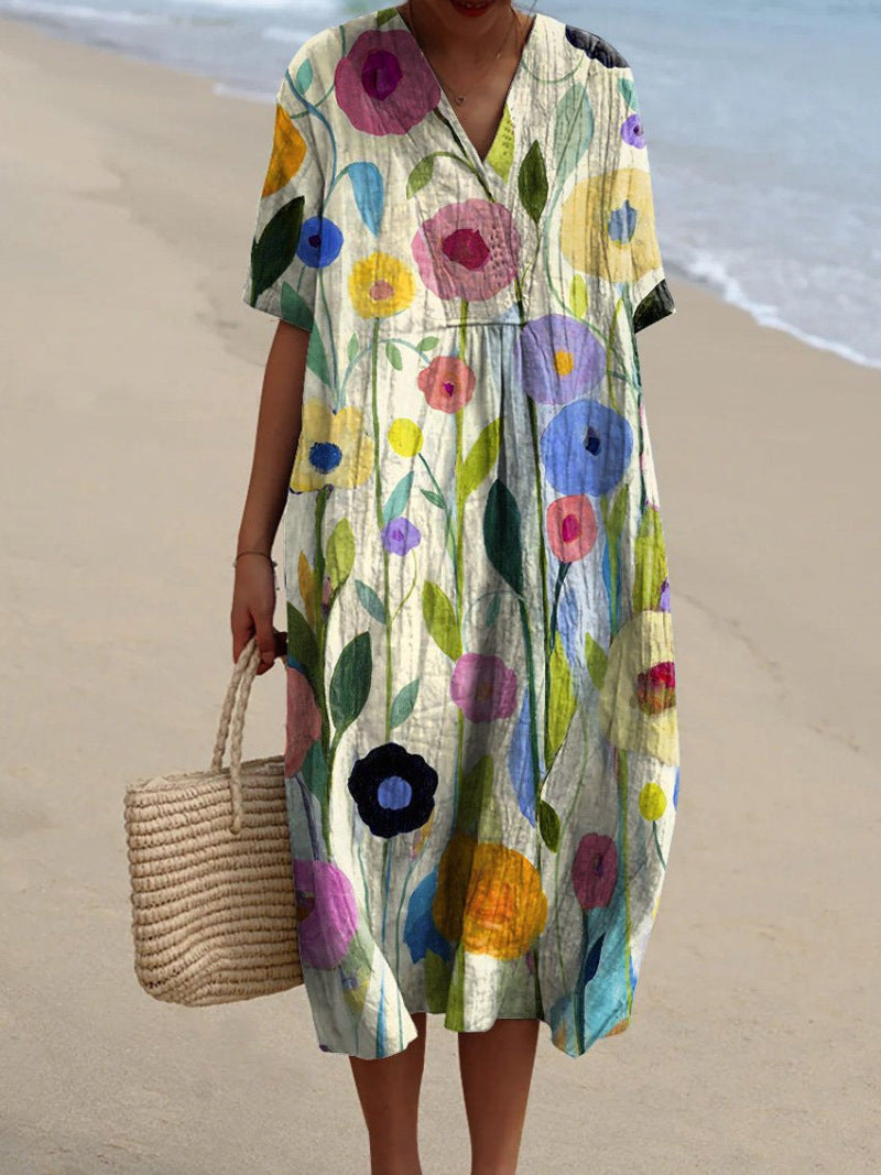 Valaire™ Women's Breezy Floral Summer Dress, V-Neck, Long Sleeve, Cotton Blend